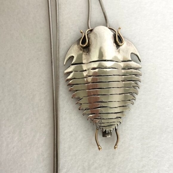 Sterling Silver 925 14K Yellow Gold Manta Ray Trilobite Pendant Necklace 25" - Picture 11 of 16